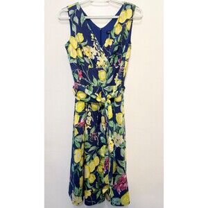 Roz & Ali Lemon Floral Dress Size 4 Blue Yellow Cotton Fit Flare Tie Waist